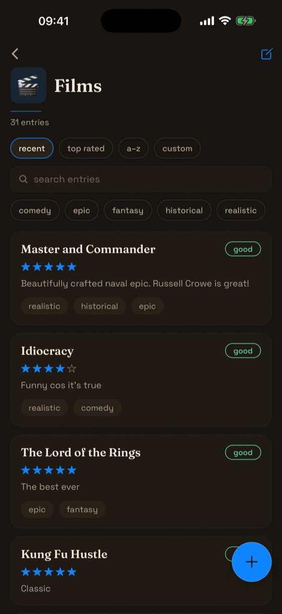 A films list with star ratings, verdicts, notes and tags