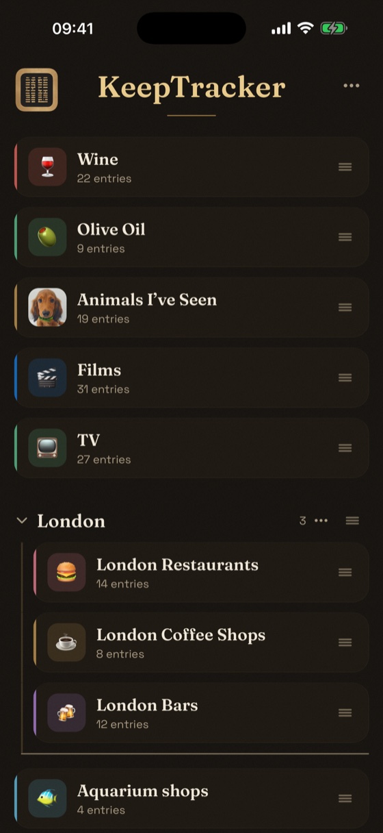 KeepTracker home screen showing lists organised into groups