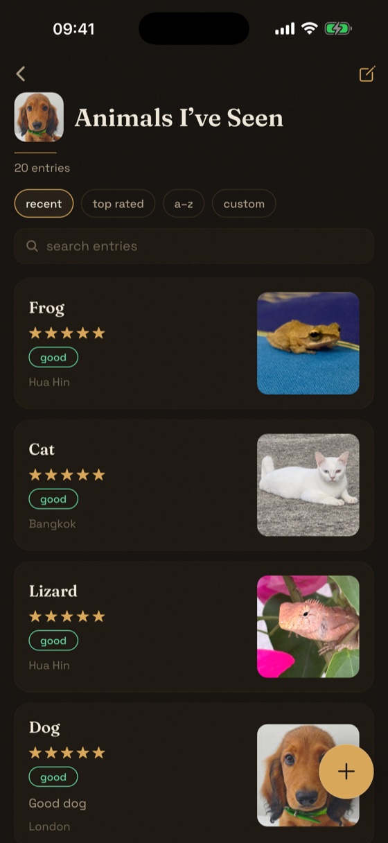 A list of entries each with an attached photo